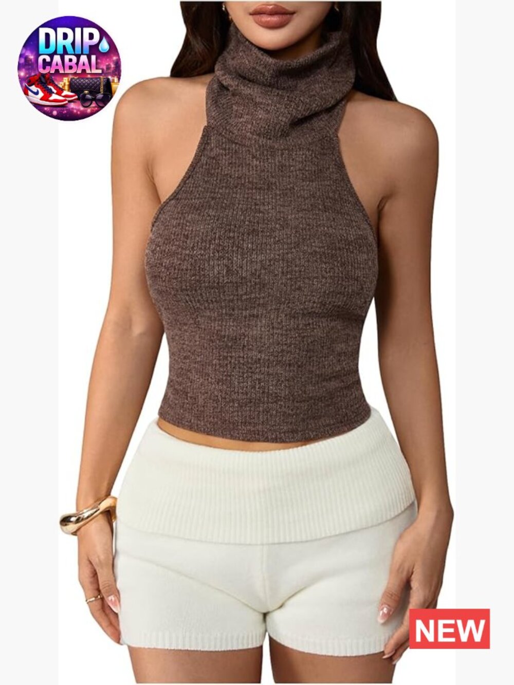 Women's Sleeveless Halter Tank Top Open Back Rib Knitted Y2K Crop Top